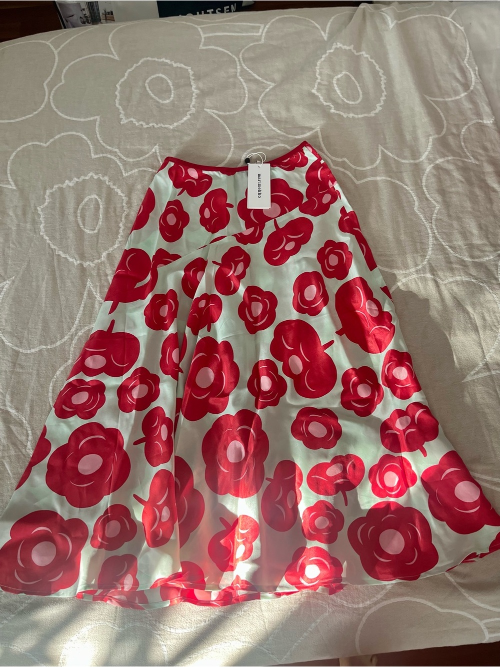 Marimekko Red Floral A-Line Skirt on Light Blue